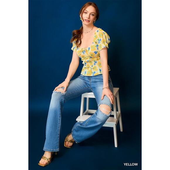 UMGEE Yellow Blue Floral Smocked Peplum Short Sleeve Blouse Top NEW - Picture 6 of 7